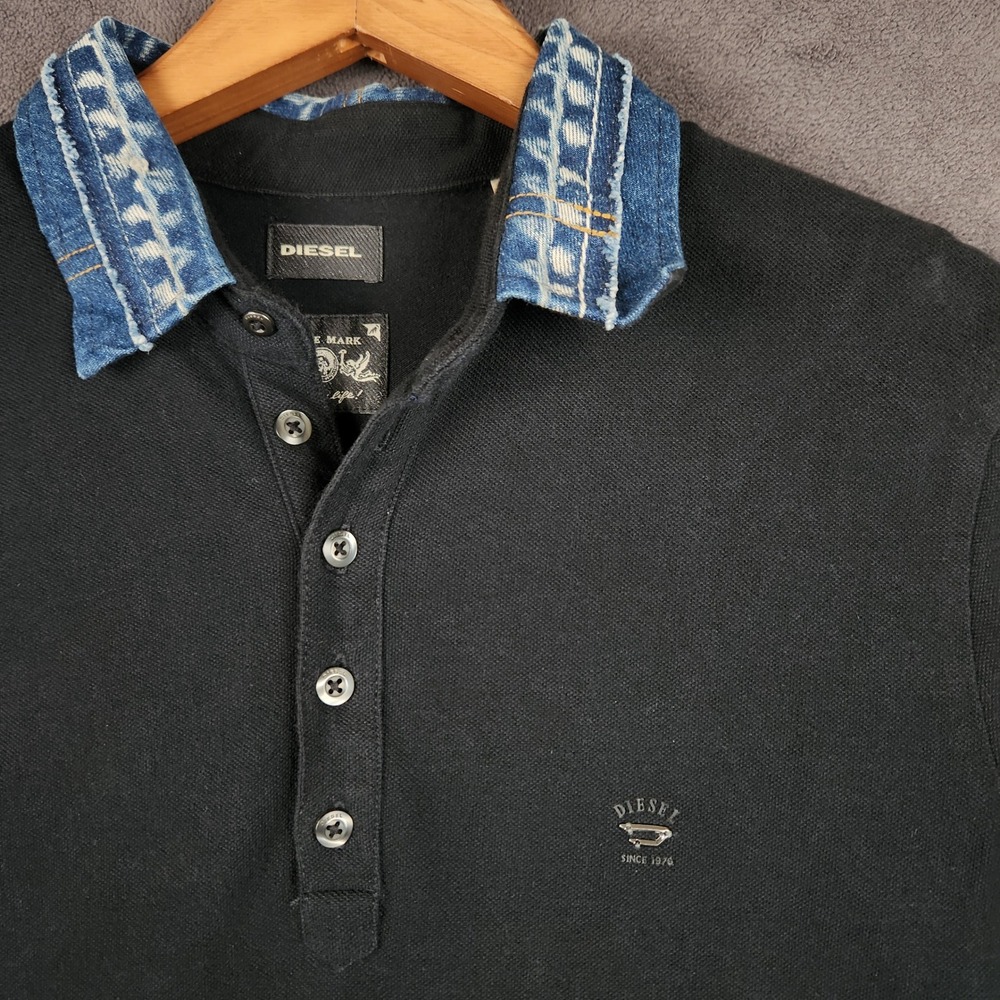 Diesel Polo Shirt Mens Large Black Denim Collar Distressed Short Sleeve Cotton